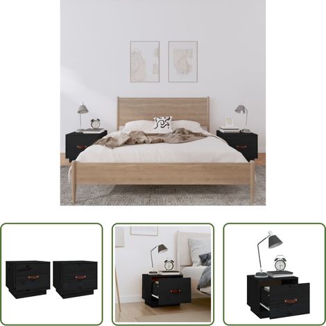 vidaXL Kiefer Nachttisch - Nachttische 2 Stk. Schwarz 40x34x35 cm Massivholz Kiefer (1/5)