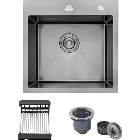 45 x 45 cm Evier Cuisine Inox 1 Bac avec Panier Télescopique, Noir (1/5)