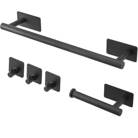 Youyijia 5pcs Towel and Toilet Roll Holder Set Bathroom Accessories Set No Drilling, Self Adhesive Toilet Roll Holder, Towel Rail, Hook (Black) (1/5)