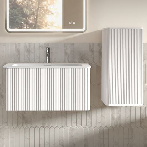 Mueble de baño suspendido, lavabo y mueble auxiliar, diseño minimalista, superficie sólida, MDF, blanco (1/5)