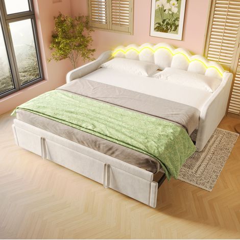 Tagesbett Samt Beige 90x200 cm, ausziehbar auf 180x200 cm, mit LED-Lichtleiste (1/5)