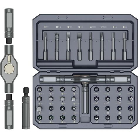 1 jeu (16,593,5 cm) de tournevis multi-embouts magnétiques de précision gris 42 en 1 avec 40 embouts et une poignée à cliquet amovible en forme de T (1/4)