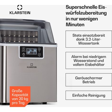 Klarstein Eiswürfelmaschine für Zuhause Camping Gastro, Schnelle Mini Eiswürfelmaschine Klein, Profi Eismaschine für Große Kleine Klare Eiswürfel, Selbstreinigend mit 3,2L Eiswürfelbehälter, 20kg/24h