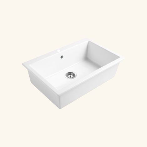 Évier céramique blanc 1 bac 760x510 mm – Installation à encastrer – Vidage inclus – Pour meuble sous évier 80 cm minimum – Chambord (1/5)