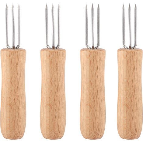 4 fourchettes à viande et fruits en acier inoxydable avec manche en bois, support à maïs pour barbecue (1/5)