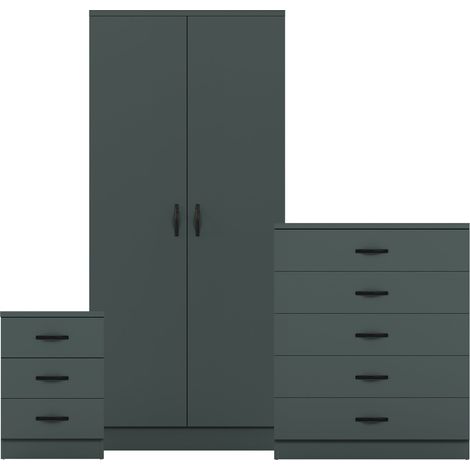 Riano 3 Piece Bedroom Set (3 Drawer Bedside Chest, 5 Drawer Chest, 2 Door Wardrobe) Green (1/3)