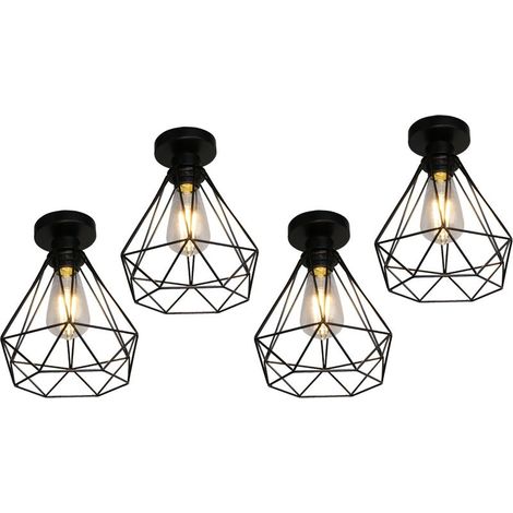 Lot de 4 Plafonnier Cage Diamant en Métal Style Vintage Industrielle E27 20cm Noir (1/5)
