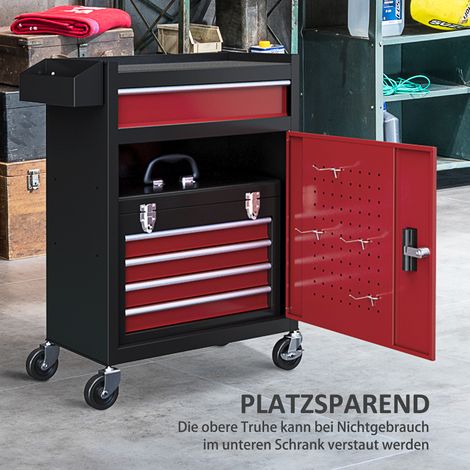 Coffre à outils roulant, armoire solide avec caisse à outils supérieure et tiroirs, verrouillable, métal, noir+rouge (1/5)