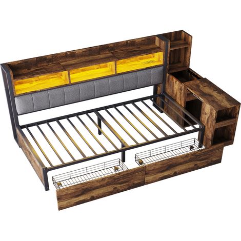 Letto singolo multifunzione 90 x 200 cm in metallo e legno, con contenitori, scrivania e LED (1/5)