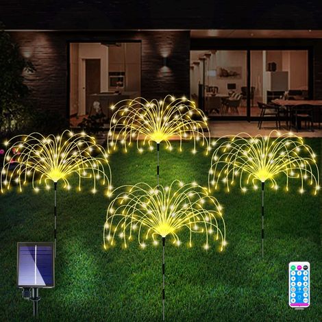 Lot de 4 lampes de jardin feux d'artifice, étanche 120 LED, 8 modes d'éclairage avec télécommande, solaires (blanc chaud) . (1/5)