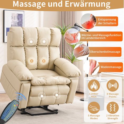 Fauteuil relax électrique deux moteurs avec fonction releveur, massage et chauffage, coloris crème (1/5)