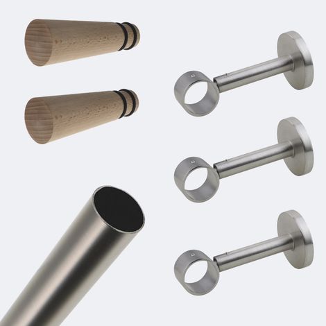 Kit de tringle à rideaux Nickel Mat 250cm Diam.28mm Embout Cone Bois - Fixation Mur - Boulet (1/3)