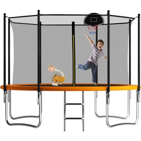 12FT Outdoor Trampoline with Safety Net, Basketball Hoop, Ladder for Kids and Adults, Max Weight 150kg, Vibrant Orange Color