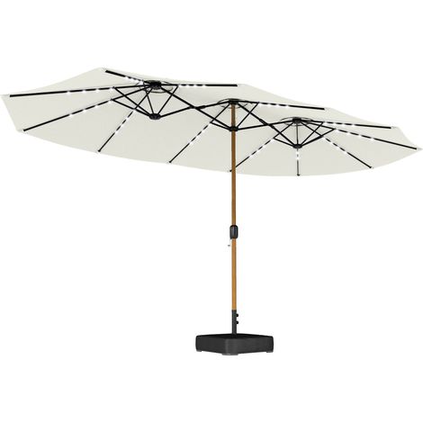 Doppelter Gartenschirm 4,6 x 2,6 m mit 48 LED-Leuchten, inklusive Kurbelfuß, Sandsäcken und UV-beständiger Cremefarbe, Sonnenschirm