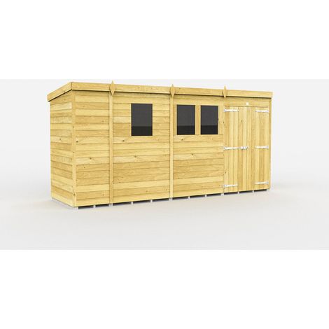 13 x 4 Feet Pent Shed - Double Door With Windows - Wood - L118 x W387 x H201 cm
