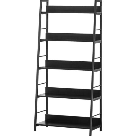 Bibliothèque inclinée à 5 niveaux de style industriel, 70 x 35 x 150 cm (L x l x H), noire (1/5)