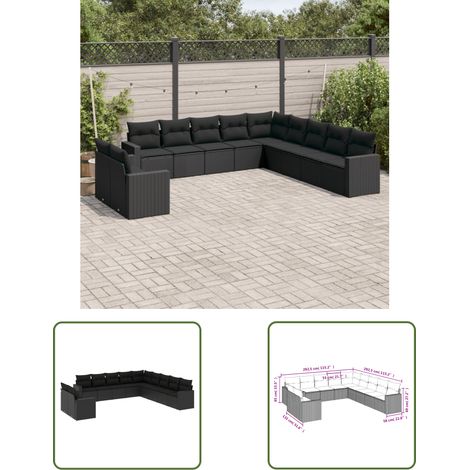 The Living Store 11-tlg. Garten-Sofagarnitur mit Kissen Schwarz Poly Rattan - Gartensofas - Outdoor Möbel - Lounge Set - Gartenlounge - Rattan Sofa (1/3)