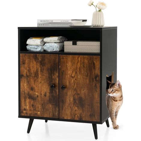 COSTWAY Mueble Moderno para Caja de Arena para Gatos, Escondite para Baño de Gato con Entrada, Compartimento Abierto, Gabinete de Madera para Muebles de Gato, en Interiores (80 x 50 x 57 cm)