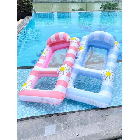 Set di 2 lettini gonfiabili per acqua (rosa e blu, 150×80 cm) – Con stampa alla camomilla, rete rinfrescante e poggiatesta, ideali per piscina e spiaggia. (1/3)