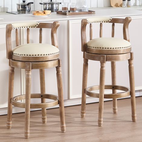 Sgabello da bar girevole con schienale, pelle vera, struttura in legno, bianco avorio (1/5)