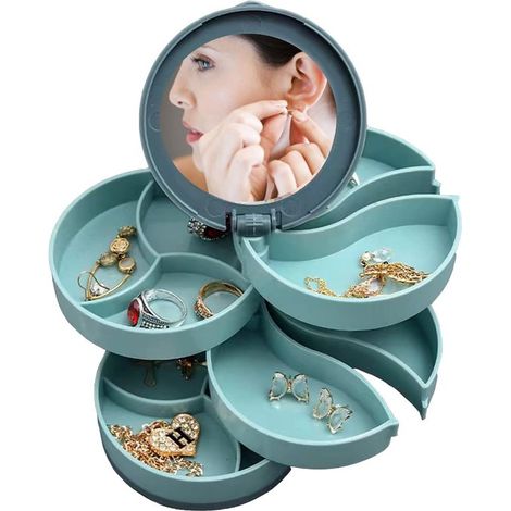 Coffret bijoux rotatif avec miroir – 4 niveaux – Bleu – Boucles d'oreilles, bagues, colliers – Organisateur (1/5)
