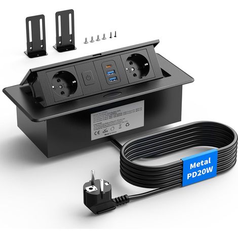 Prise encastrable Plan de Travail USB-C PD 20W, Aluminium, Interrupteur Multiprise encastrable avec 2 prises, 2500W/10A, 2 USB-A 18W, mécanisme à ressort, câble 1,8 m, bureau et cuisine (1/5)
