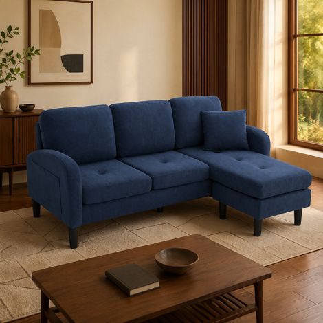 Sofá esquinero modular 166x118x77 cm en tejido acanalado azul, compacto para salón FloraGrace