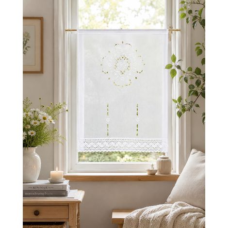 Rideau de fenêtre en Lin brodé, Tissu, Blanc, 100 x 60 cm (1/5)