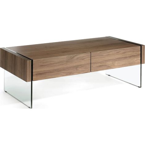 Table basse bois côtés en verre trempé 2 tiroirs fermeture poussoir et amortisseur. - Noyer, transparent (1/5)