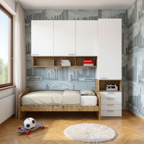 Cameretta a mezzo ponte con divano letto, armadio e cassettiera - Bianco e Quercia