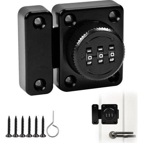 Serrure de porte coulissante sans clé à code à 3 chiffres avec vis de fixation de sécurité pour armoire, noire (1/4)