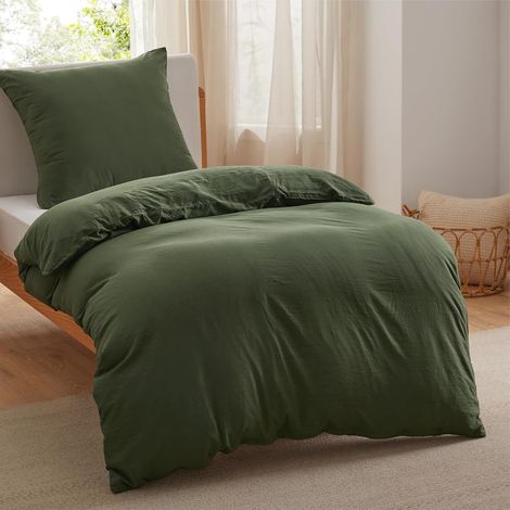 Bedding Housse de Couette 140x200 cm - Parure de lit 1 Personne 140 x 200 certifié Oeko-TEX - Housses de Couettes 140x200 + Taies d'oreiller 65x65 avec Fermeture Éclair - Vert Olive (1/5)