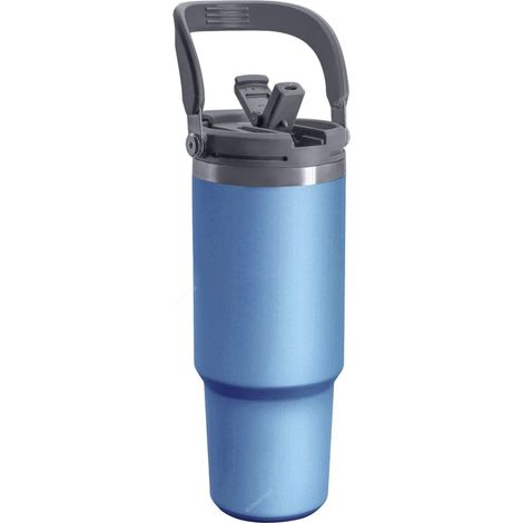 (Bleu, 1050 ml) Bouteille d'eau isotherme à double paroi en acier inoxydable avec poignée et paille, adaptée aux boissons chaudes et froides. (1/5)