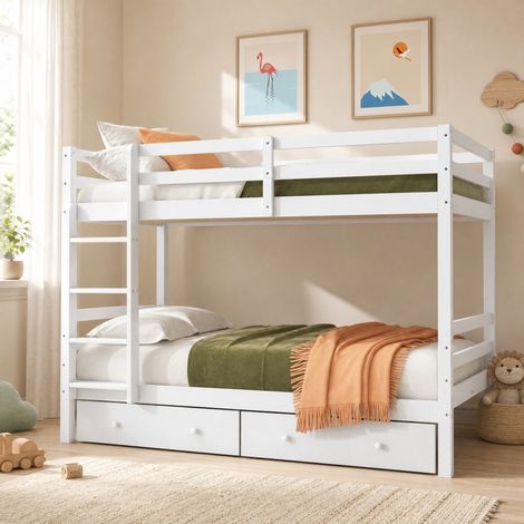 Lit superposé 140 x 200 cm en bois et MDF blanc avec tiroirs de rangement, barrières hautes et tiroir amovible, pour chambre d'enfant – de FLORAGRACE (1/5)