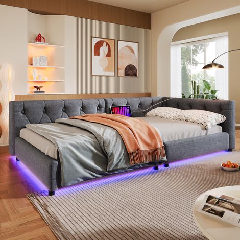 REDOM Lit enfant 90x200 cm tête capitonnée boutons lin éclairage LED USB gris (Sans matelas) (1/5)