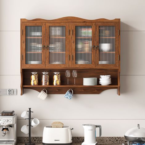 Armario de pared de 4 puertas (100x20x80 cm), con estantes extraíbles, gancho inferior, madera maciza y vidrio marrón (1/5)