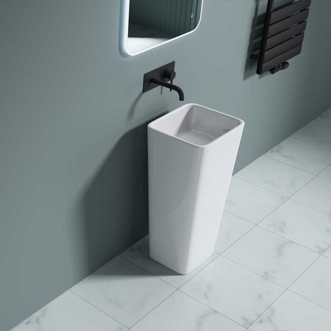 Bathroom Cloakroom 400 x 350 x 830mm (WxDxH) Stone Resin Pedestal Basin - Rectangular Freestanding Sink - Basin Only - Durovin Bathrooms