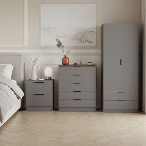 Trega 3pc Bedroom Furniture Set – 2 Drawer Bedside, 5 Drawer Chest & 2 Door Wardrobe, Grey