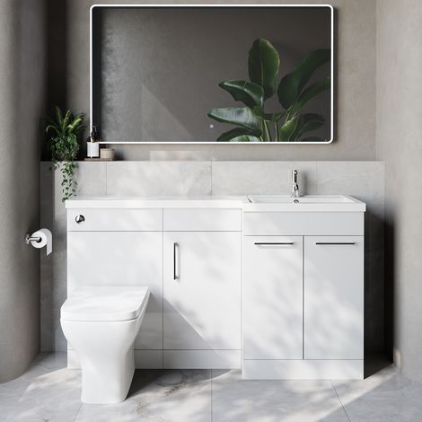 Napoli 390 Gloss White 1500mm 3 Door Vanity Unit Toilet Suite with Right Hand Square Lucia Basin - 1500mm - Chrome 160mm HandleWith Kingston Toilet Pan and Seat