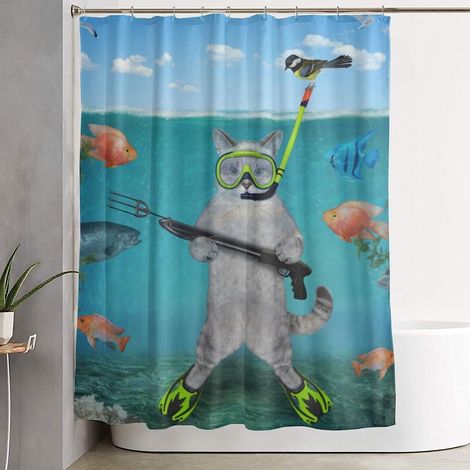 Rideau De Douche - Chat Divertissant - Polyester 100 % - 153 x 183 cm - Imprimé HD - Résistant À L'Eau - 12 Crochets Plastique Inclus (1/4)