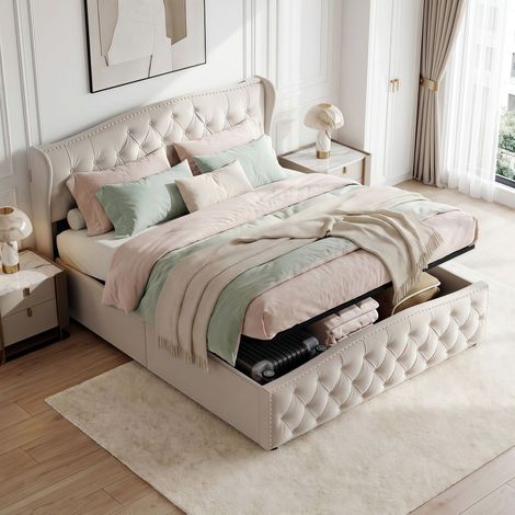 Lit Coffre 140x190 cm en Velours - Lit Double Capitonné avec Tête de Lit Vague - Sommier à Lattes et Grand Rangement Hydraulique - Beige (1/5)