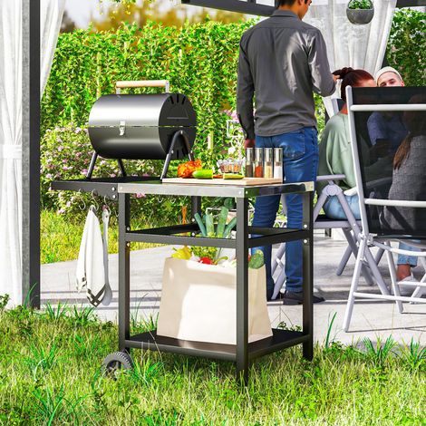 Carrito para barbacoa con tapa de acero y estante plegable, ruedas y ganchos, 91x58x76 cm, negro.