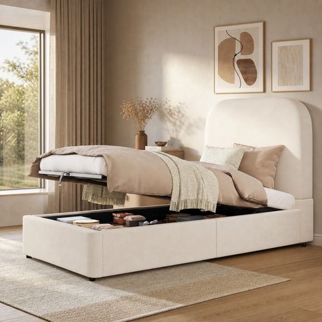 Letto singolo imbottito in velluto beige 90x200 cm con contenitore idraulico e rete a doghe inclusa (1/5)
