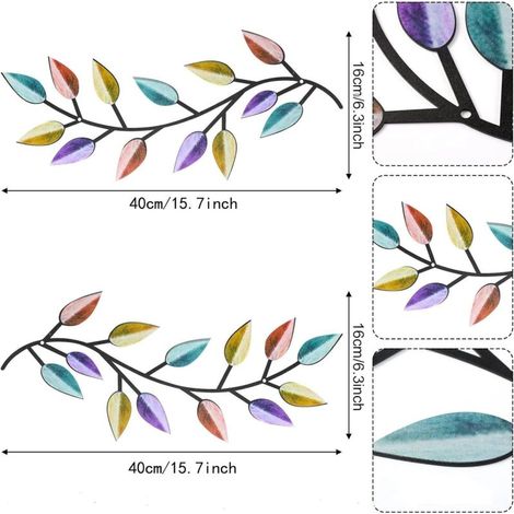 Decoración de pared de metal con forma de hoja de árbol, 2 piezas, adorno de pared con forma de rama de olivo y hojas, escultura de pared colgante (color) (1/3)