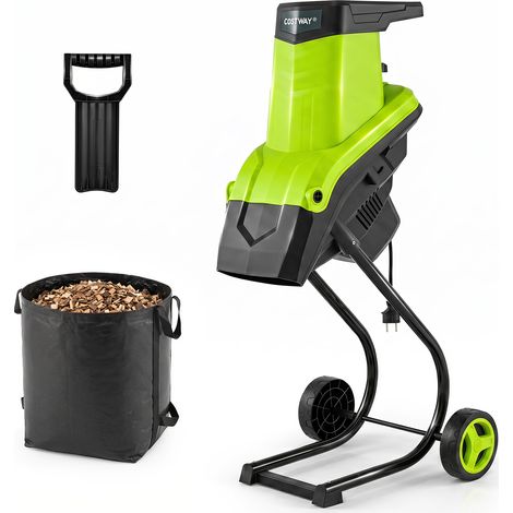Broyeur Vegetaux Électrique 2500W avec Sac de Ramassage 50L et Poussoir, Déchiqueteuse Coupe de Bois 44mm sur Roues avec Lames Double Tranchant, Vert (1/5)