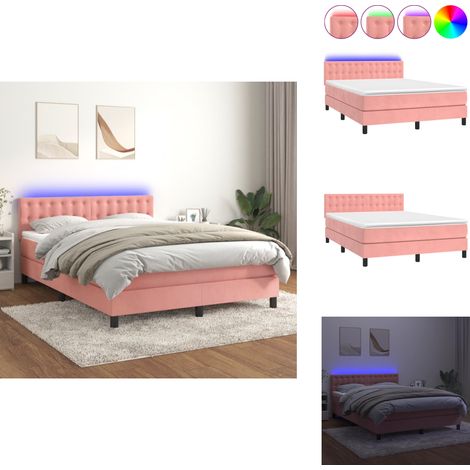 Boxspringbett mit Matratze & LED Rosa 140x200 cm Samt - Boxspringbett - Samtbett - Kinderzimmerbetten - Jugendzimmer - Rosa Bett (1/5)