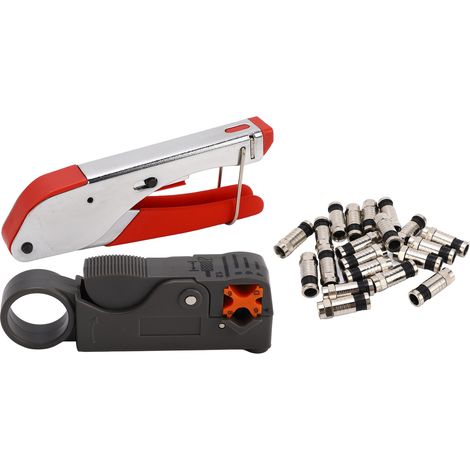Kit de sertissage pour câble coaxial avec dénudeur et 20 connecteurs F, outil de sertissage réglable pour câbles métalliques (1/5)