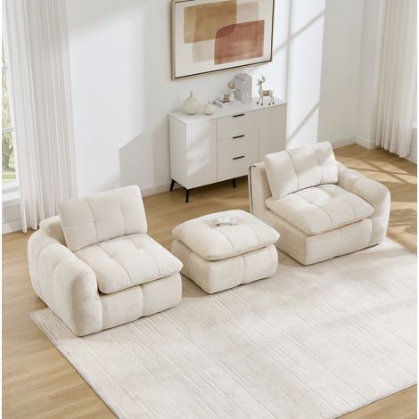 Divano modulare angolare 194x160x68 cm, con pouf, senza telaio, design trapuntato, rivestimento in chenille beige (1/5)