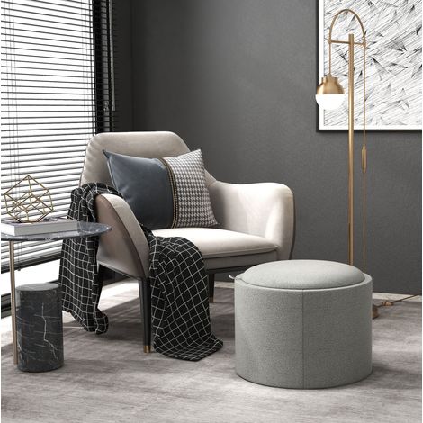 Pouf de rangement rond avec couvercle rabattable, Ø56 x H42 cm, revêtement aspect lin gris HAVRYA (1/5)