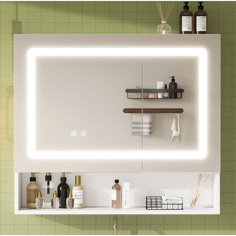 Miroir armoire salle de bain 80x17x70 cm MDF blanc, LED, anti-buée, gain de place – MEUBLIV (1/5)